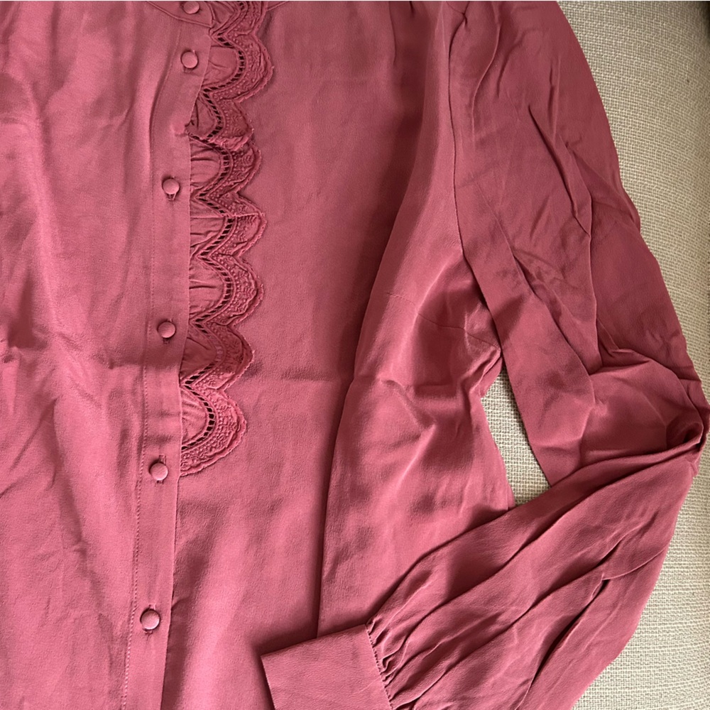 Sezane Chlo Silk Shirt Blouse Rosewood Pink Classic French Top Lace - Picture 8 of 12